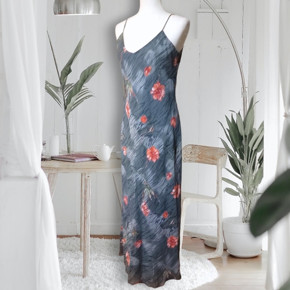 LONG PAIGE NEW YORK Green Floral Flowy Feminine Chiffon Slip Maxi Dress, size 12 - Picture 4 of 13